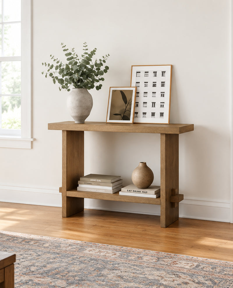 Nathan James Virgo Farmhouse 2-Tier Console Table in Wire-Brushed Wood Finish