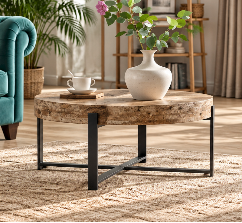 33.86 Modern Retro Splicing Wooden Round Coffee Table with Cross Legs Base